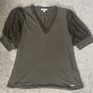 Calvin Klein blouse in a green-gray with sheer sleeves, size Medium